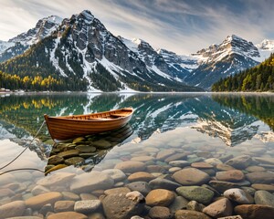 Obraz premium Serene Lake with Wooden Boat Reflecting Majestic Snow-Capped Mountains