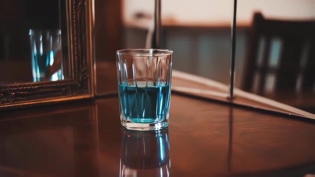 A teal-colored drink in a glass, sitting on a dark wooden surface, with a vintage mirror in the background