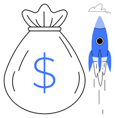 Large money bag with dollar sign next to ascending blue rocket and clouds. Ideal for finance, investments, startups, growth, opportunity, innovation, entrepreneurship. Simple flat metaphor