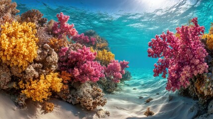 Obraz premium Vibrant Underwater Coral Reef Ecosystem with Colorful Soft Corals and Clear Blue Ocean Water