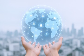 Global Network Connection Concept: Hands Holding Globe with Digital Interface Connecting People Worldwide, Blurred Cityscape Background