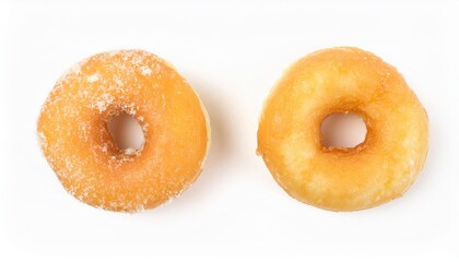 Two donuts lying on white background, one with sugar coating
