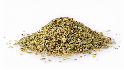 Dried oregano spice forming a small mound on white background