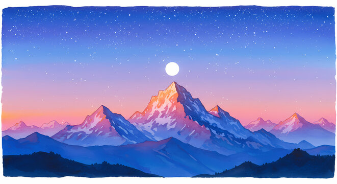 Majestic mountains under moonlit sky at dusk with starry backdrop  