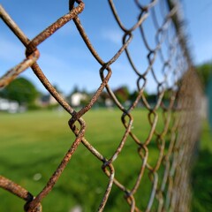 Rusty chain link fence, blurry background of green grass and houses, clear blue sky