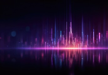 Abstract digital cityscape reflected in water, vibrant neon colors