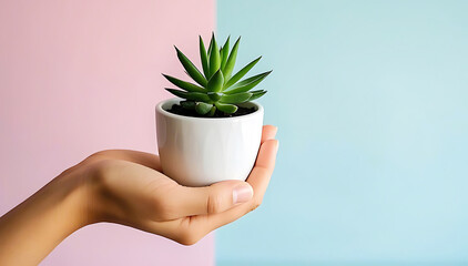 Hand Holding Succulent Plant in White Pot Against Pink and Teal Background