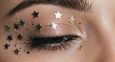Woman's eye adorned with star-shaped glitter makeup  