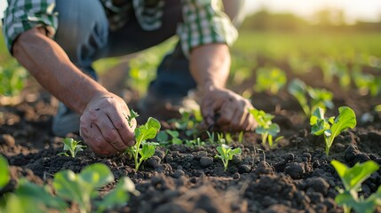 Fototapeta premium Farmer planting young seedlings in rich soil with warm sunlight
