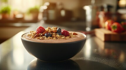A smoothie bowl topped with granola, nuts, and berries on blurred background