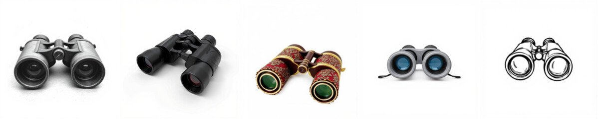 Various binoculars in different styles and colors for outdoor activities  