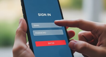 Mobile Phone Sign In Page Displayed on Smartphone Screen with Person's Hand Close Up