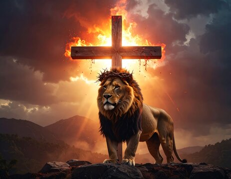 Lion under a burning cross