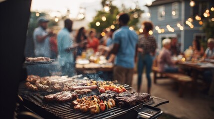 Backyard Barbecue Party with Grilled Meats and Vegetables, Outdoor Celebration with Friends and Family