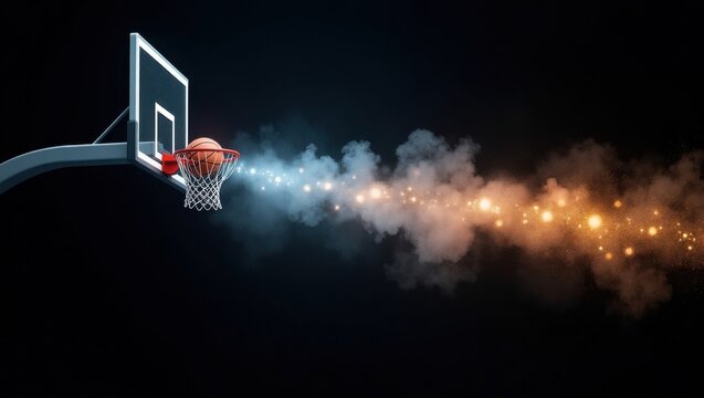 Basketball hoop with glowing energy trail against a dark background - Powered by Adobe