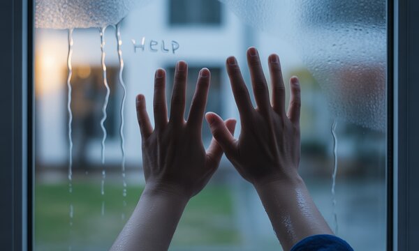 Desperate Plea Hands on Rain-Streaked Glass, Word Help