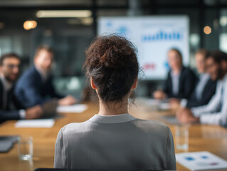 A photo from behind the team, showing their perspective. A female executive is at the head of the table, her back to the camera, commanding the attention of her team as they analyze data.
