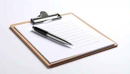 Clipboard with Blank Lined Paper and a Professional Pen on a White Surface