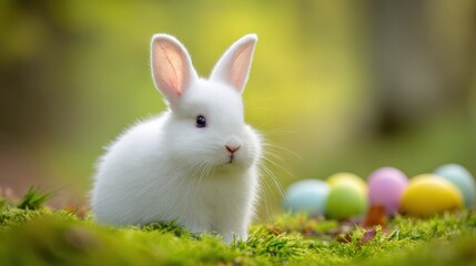 Obraz premium Adorable White Rabbit Amongst Colorful Eggs, Perfect for Easter-Themed Projects and Springtime Celebrations