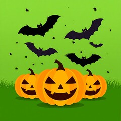 Naklejka premium Three jack-o'-lanterns sit on grass with bats flying above