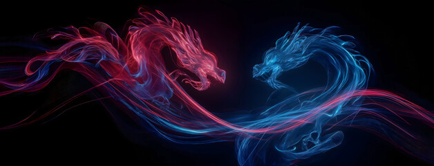 Fototapeta premium Neon Energy Dragons Facing Each Other – Generative AI