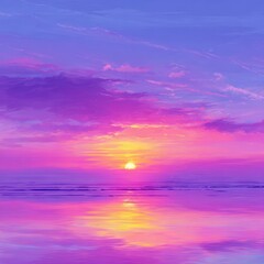 Vibrant sunset over a calm sea, painted in purples and pinks