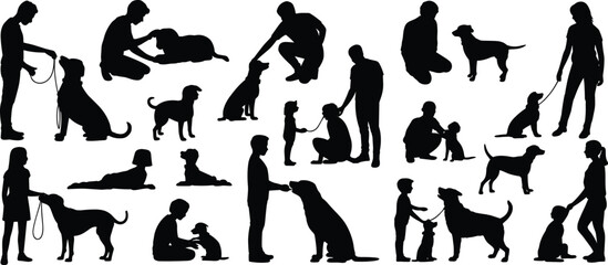Silhouette, people, dogs, walking, playing, training, sitting, companionship, care, vector, black, pet