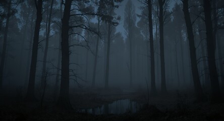 Fototapeta premium Eerie Dark Forest Fog, Mystical Night Woods, Spooky Nature Image, Creepy Atmosphere Background