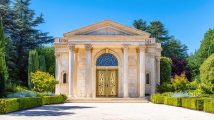 Fototapeta premium An elegant residence with classical columns, framed by blue skies and lush greenery.