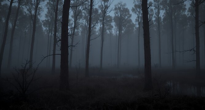 Eerie Foggy Forest Dark Mystical Woodland Background Image