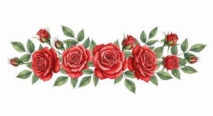 Watercolor illustration of a floral arrangement with red roses and green leaves on white background