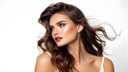 A beautiful woman with flowing brown hair and glamorous makeup looks to the side.