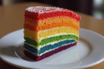 Brightly colored rainbow cake slice served on a white plate captures attention with its vibrant layers and delightful texture