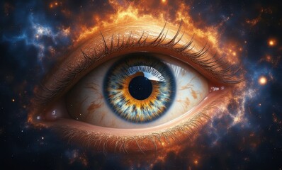 A mesmerizing close-up of an eye reflecting a cosmic universe, with fiery orange and blue hues.