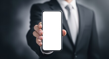 Professional Businessman Holding Smartphone with Blank Screen Display for Mobile App Mockup and Presentation