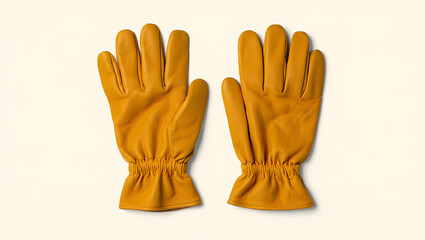 Obraz premium Pair of New Brown Leather Work Gloves on a Neutral Background
