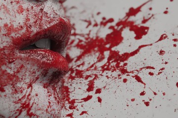 Close-up of painted lips splattered with bright red color in a dramatic artistic expression of blood