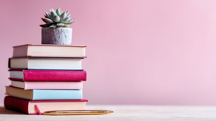 A carefully arranged stack of vintage books and a small succulent plant create a serene and inviting composition, suggesting quiet contemplation and the pursuit of knowledge.