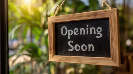 Chalkboard Sign Announcing Opening Soon in a Storefront with Plants and Natural Light