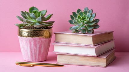 A serene still life composition features two succulent plants, one nestled in a textured pink pot with gold accents, and the other atop a stack of aged books, evoking tranquility and growth.
