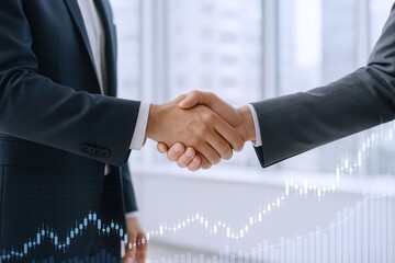 Successful business partnership shown with handshake and stock market graph, symbolising financial growth and investment success