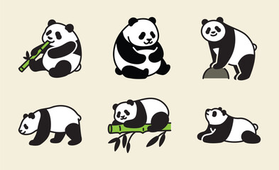 Obraz premium Cute panda vector illustration pack in various poses and gestures. Cute, playful, and expressive cartoon designs, perfect for wildlife themes, mascots, stickers, and educational projects.