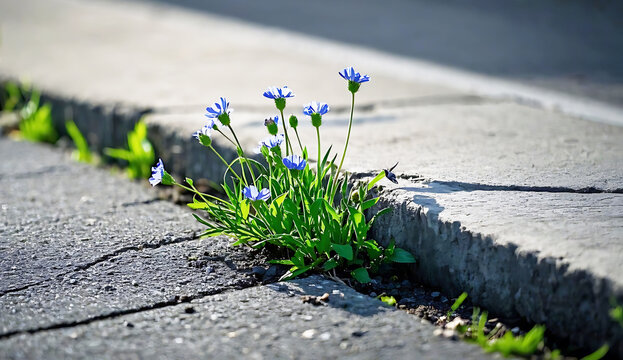 Resilient flowers pushing through pavement. - Powered by Adobe