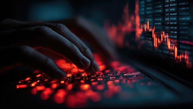 Close-up of hands typing on a laptop keyboard, illuminated by red light, with financial data displayed on a screen