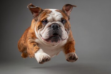Bulldog leaping gracefully against a neutral background showcasing agility and playfulness