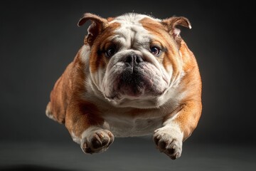 Obraz premium Bulldog leaps gracefully in mid-air showcasing agility and playful spirit