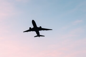 Naklejka premium Commercial Airplane Silhouette Ascending into a Pastel Sky: Travel, Aviation, and Modern Transportation