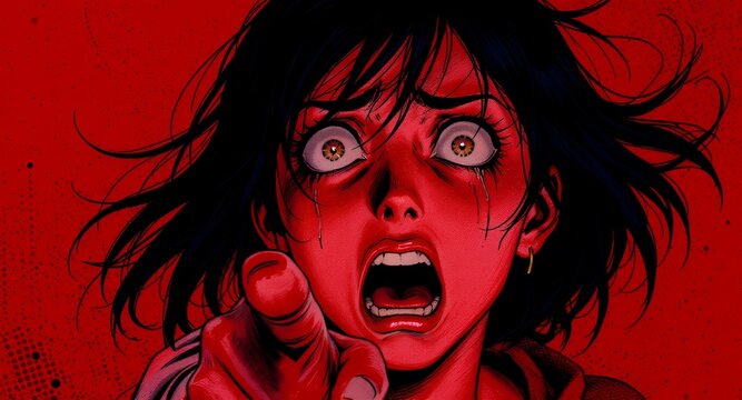 Intense Red Anime Girl, Screaming, Pointing Finger, Dramatic Art, Digital Painting