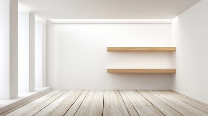 Fototapeta premium Minimalist Interior with Wooden Shelves and Natural Light - Mockup Ready for Product Placement