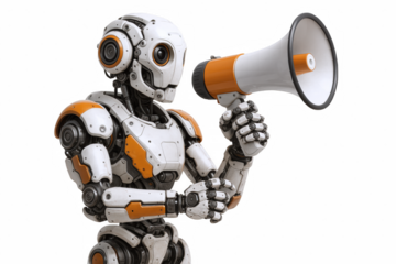 Advanced Robotic Assistant Holding a Megaphone, Communicating with Precision and Technological Sophistication